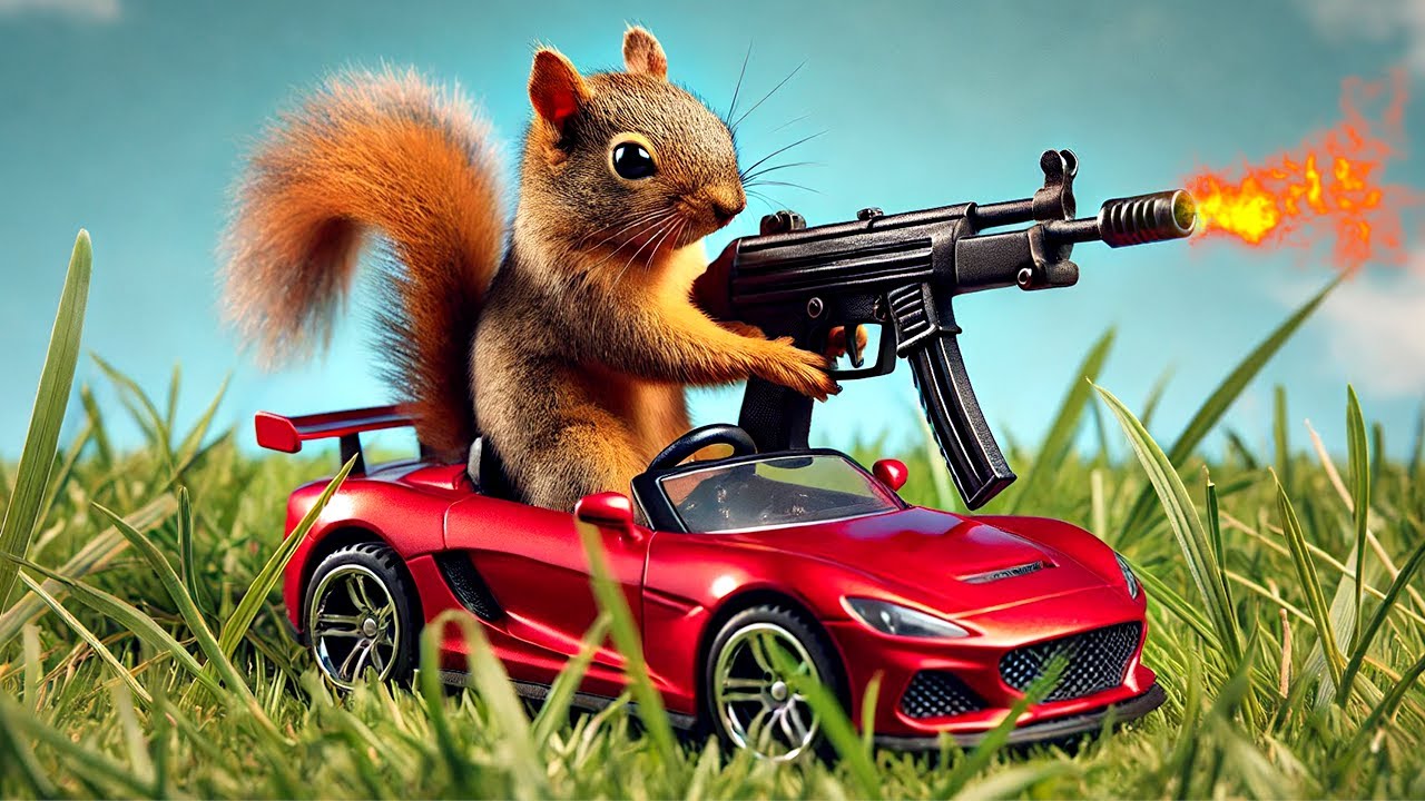 SQUIRREL DRIVES TINY CAR! (Squirrel With a Gun)