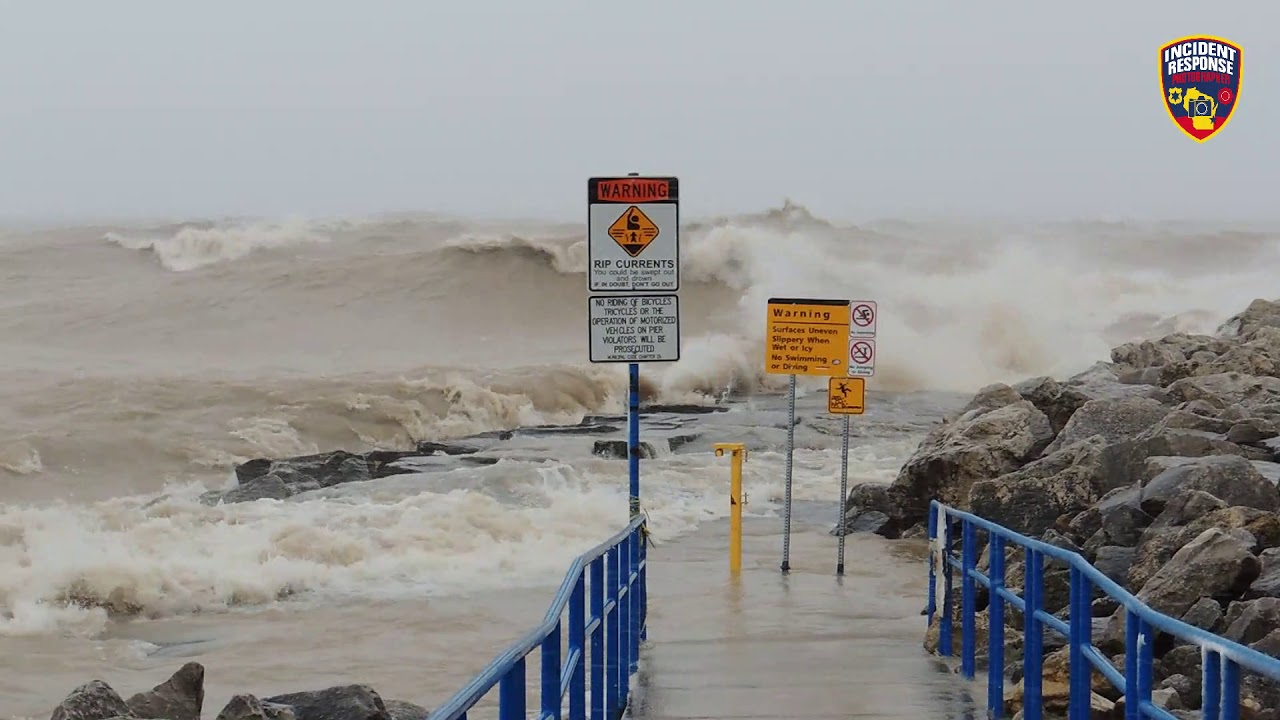 Big waves crashing against Sheboygan's North Pier