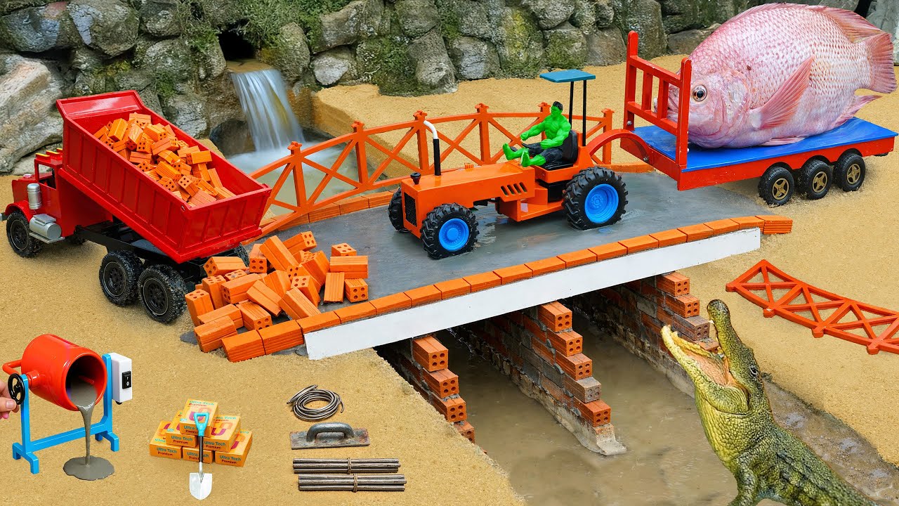 DIY Mini Tractor Builds a Strong Brick and Concrete Bridge for Trucks After a Crocodile Destroyed It