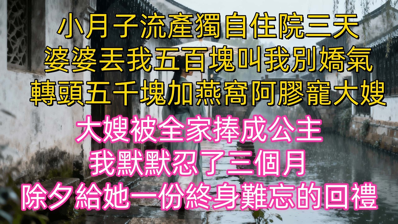流產獨自住院三天，婆婆只丟給我五百塊叫我別嬌氣，轉頭卻砸五千塊加燕窩阿膠寵大嫂，同坐小月子，大嫂卻被全家捧成公主，忍了三個月就為在除夕給她一份終身難忘的回禮#生活經驗 #情感故事#婆媳关系 #家庭倫理