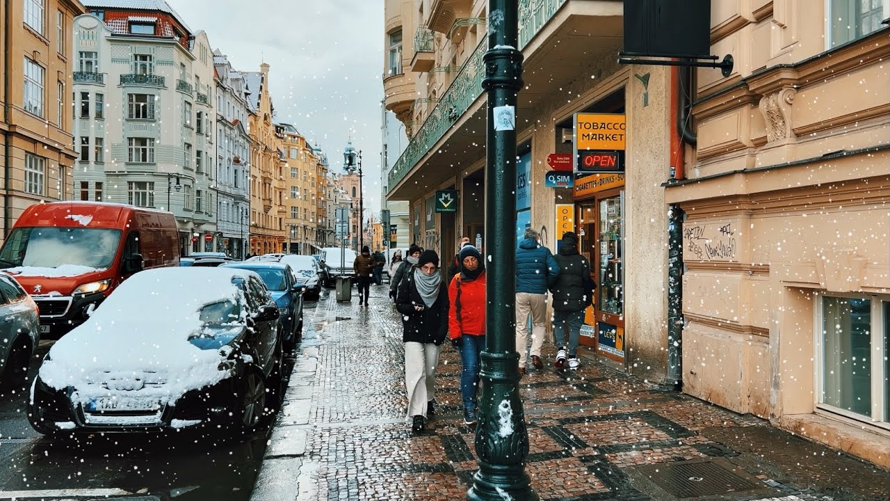 It was snowing in Prague ✨ First Snow Walk in Old Town - Relaxing City Ambience 4K ASMR