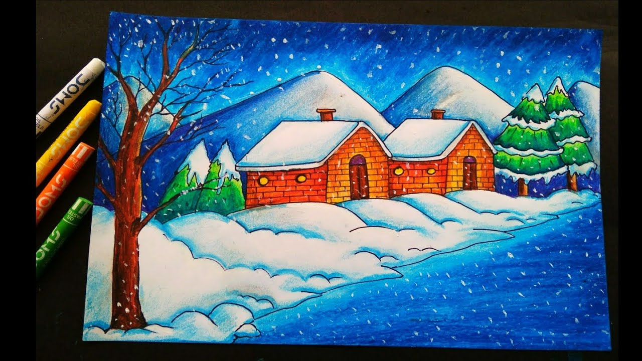 Easy winter snowfall scenery drawing for Beginners with oil pastel/ How to draw winter scenery