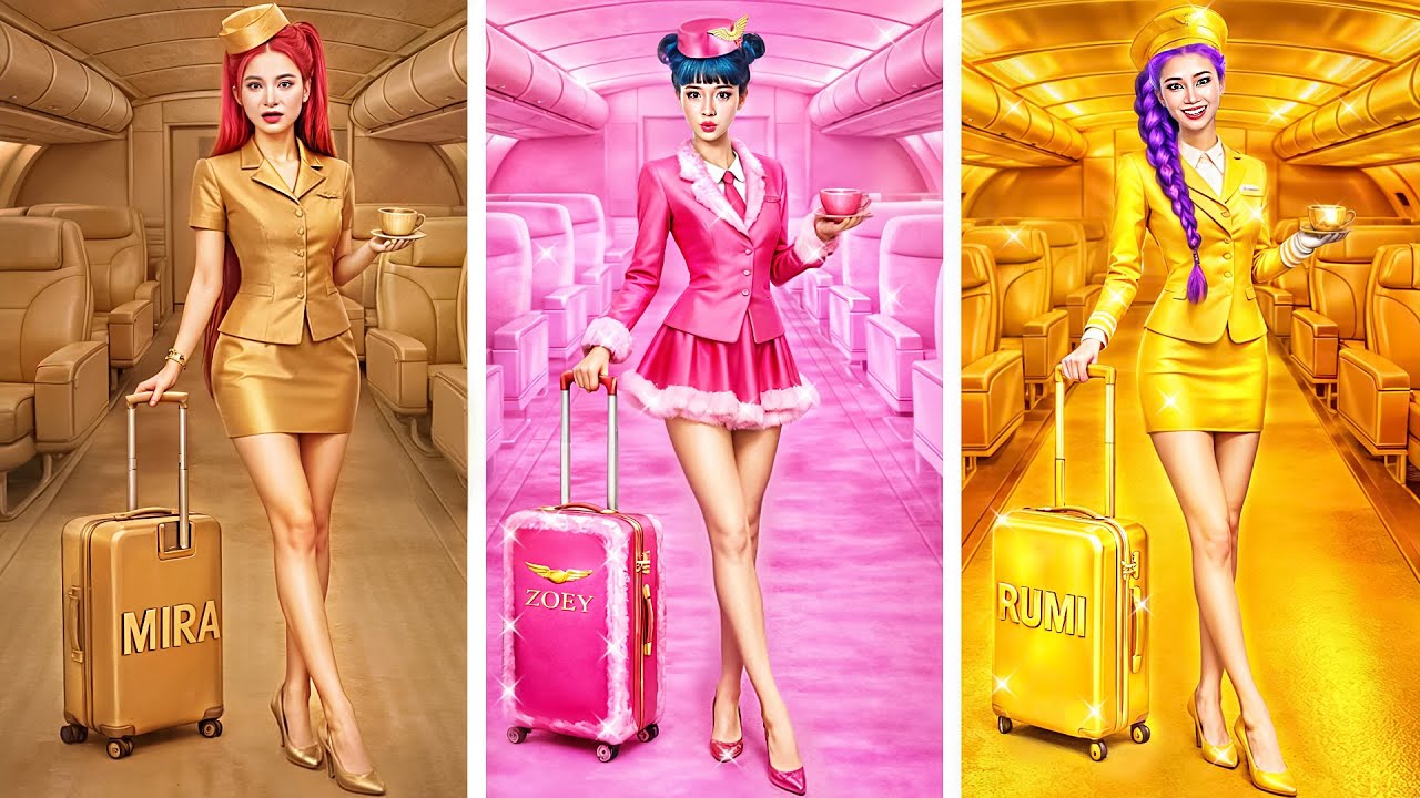 Kpop Demon Hunters: Rumi, Zoey & Mira Flight Attendant Glow Up in Cardboard, Golden & Fluffy Fashion
