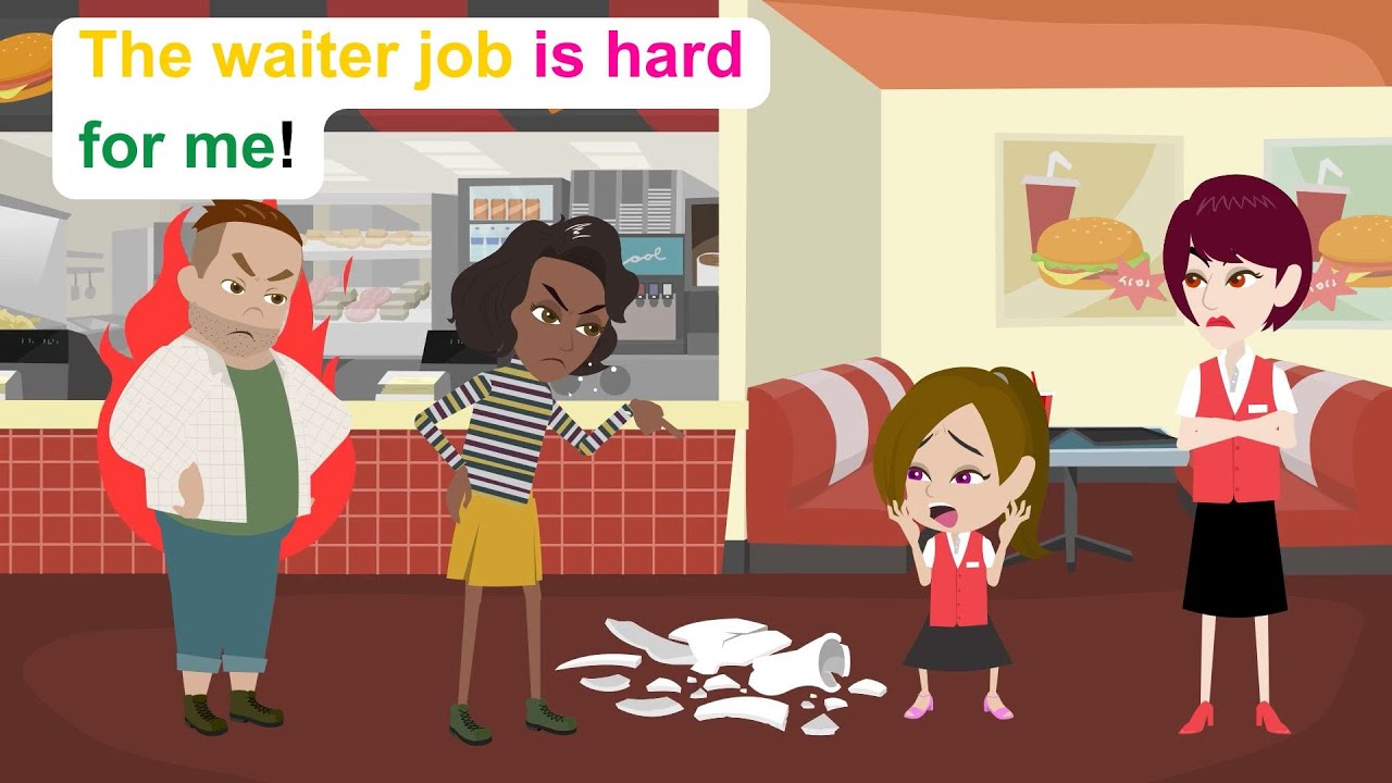 Ella is a waiter at restaurant - Funny English Animated Story - Ella English.