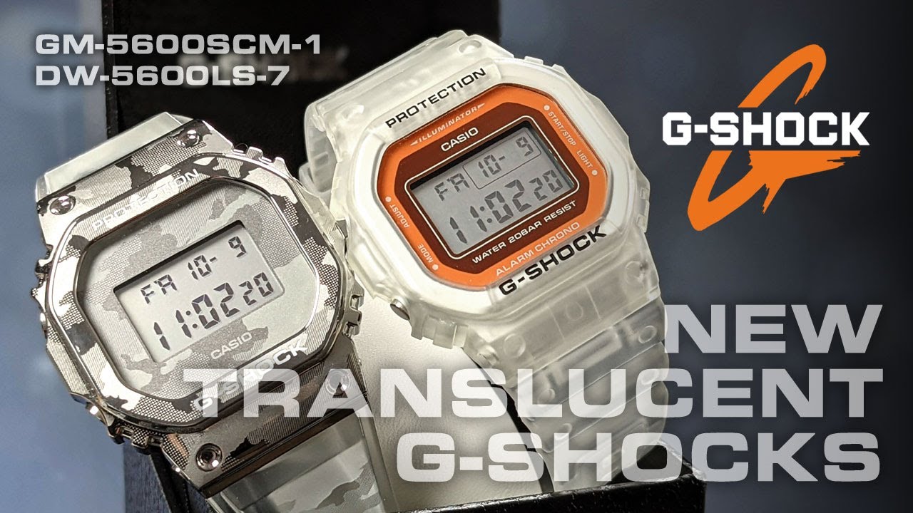 New Translucent G-Shocks from Casio: GM-5600SCM-1 and DW-5600LS-7. Camo, Neon, and Stainless Steel!