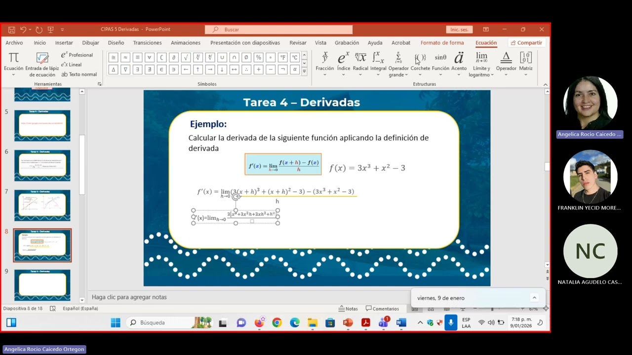 Cipas 5 – Derivada de una función   Ejercicio 1 y 2   Cálculo diferencial 20260109 190832 Grabación