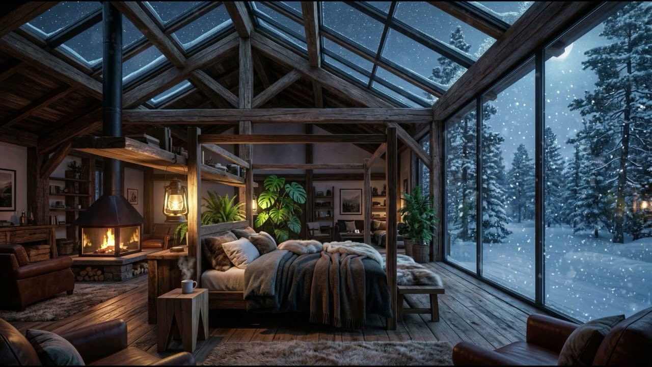 Winter Cabin Stillness – Warm Lantern Glow, Falling Snow & Deep Winter Calm