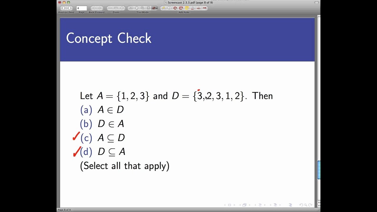 Элементы, подмножества и равенство множеств (демонстрация 2.3.3)