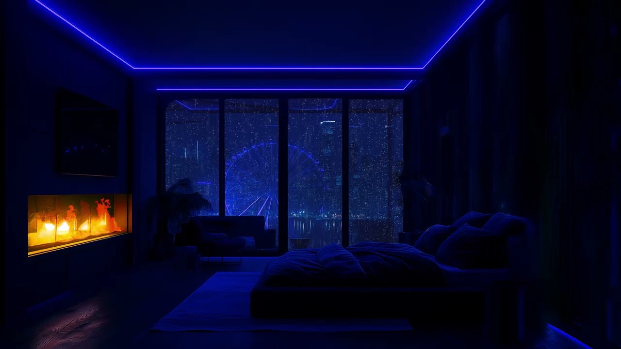Rainy Night in a Luxury City Bedroom 🌃 | Deep Sleep Piano Music & Fireplace Ambience for Calm Mind