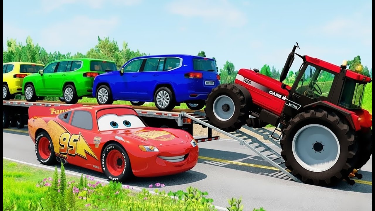 TRANSPORTING PIXAR CARS & FRUITS WITH COLORED & JOHN DEERE vs CLAAS vs TRACTORS - BeamNG.drive #983