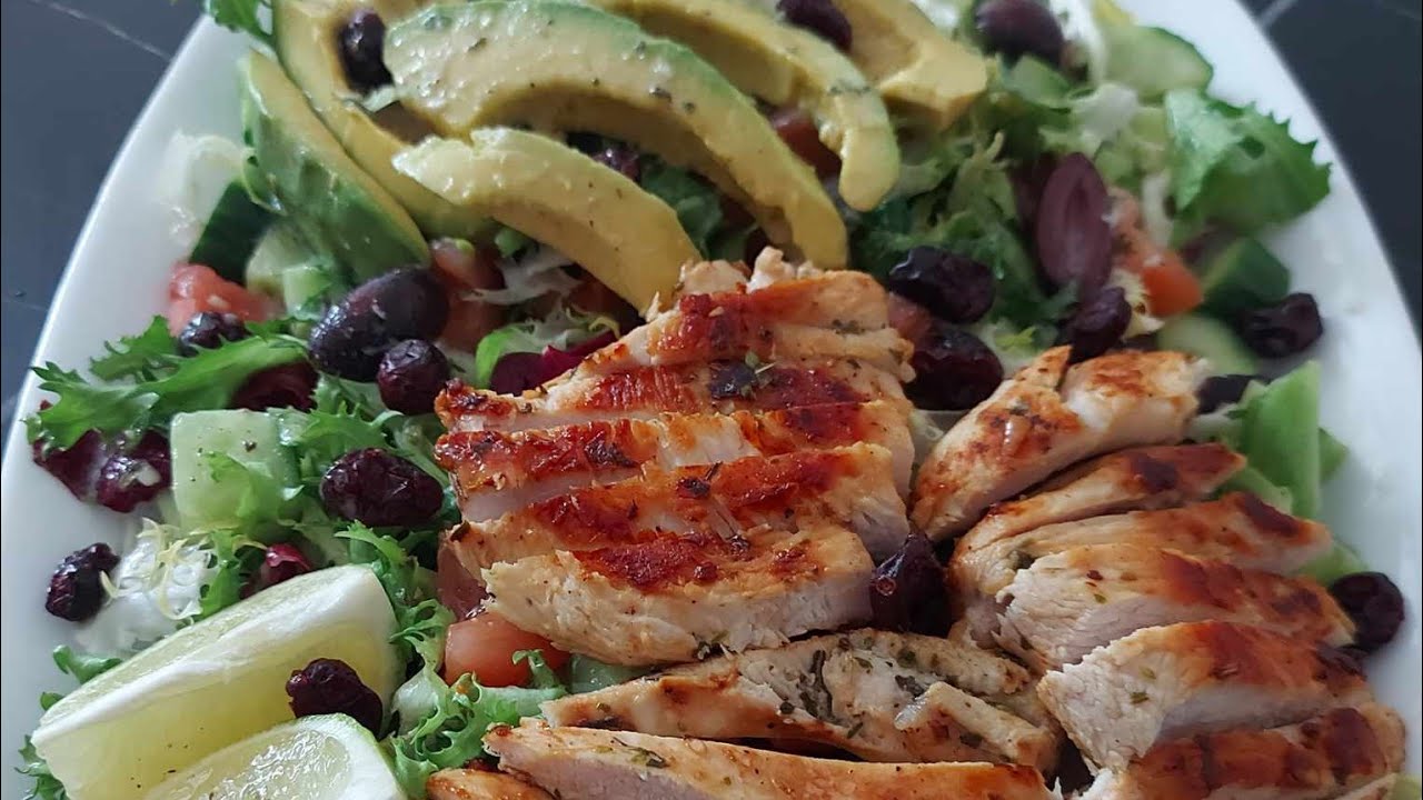 My version of green salad with chicken on the side
