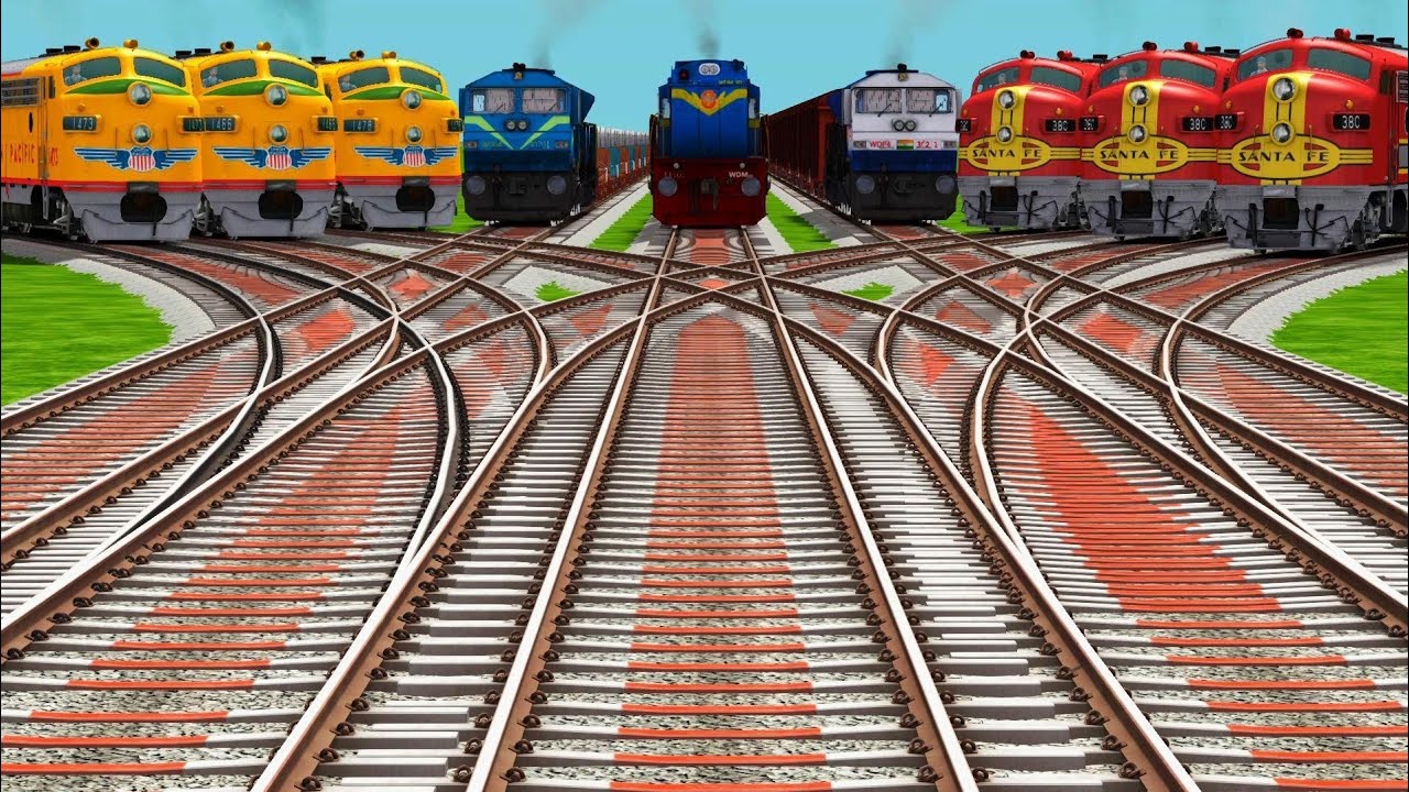 NINE TRAINS CROSSING BY CURVES BRANCHED RAILROAD TRACKS || train Simulator game