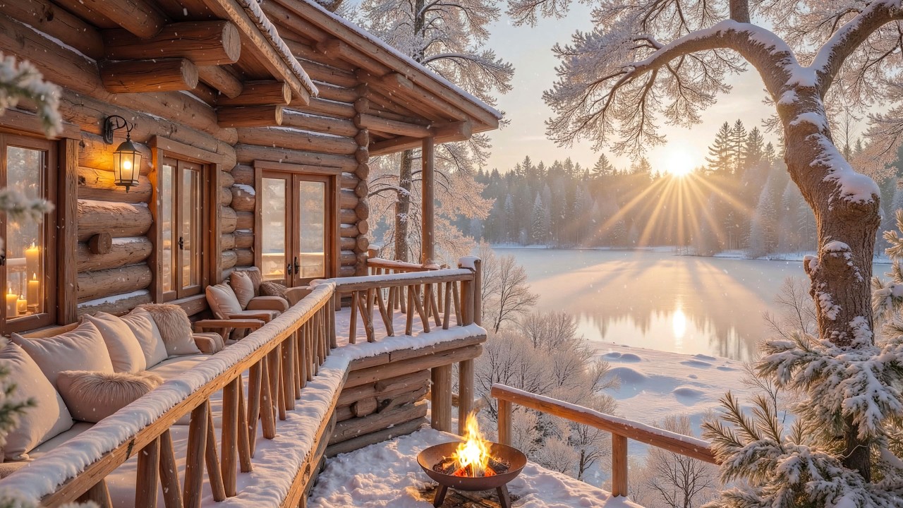 Уютный зимний балкон домика, восход солнца ❄️ Теплый камин и спокойная фортепианная музыка