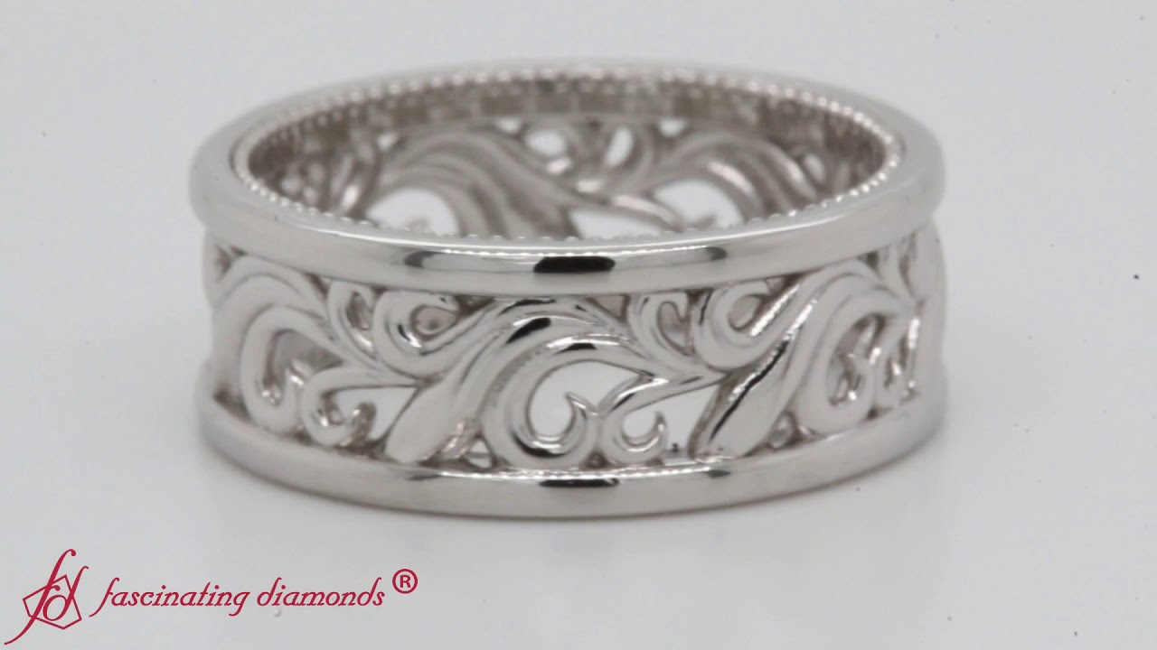 Custom Filigree Wide Wedding Band In White Gold