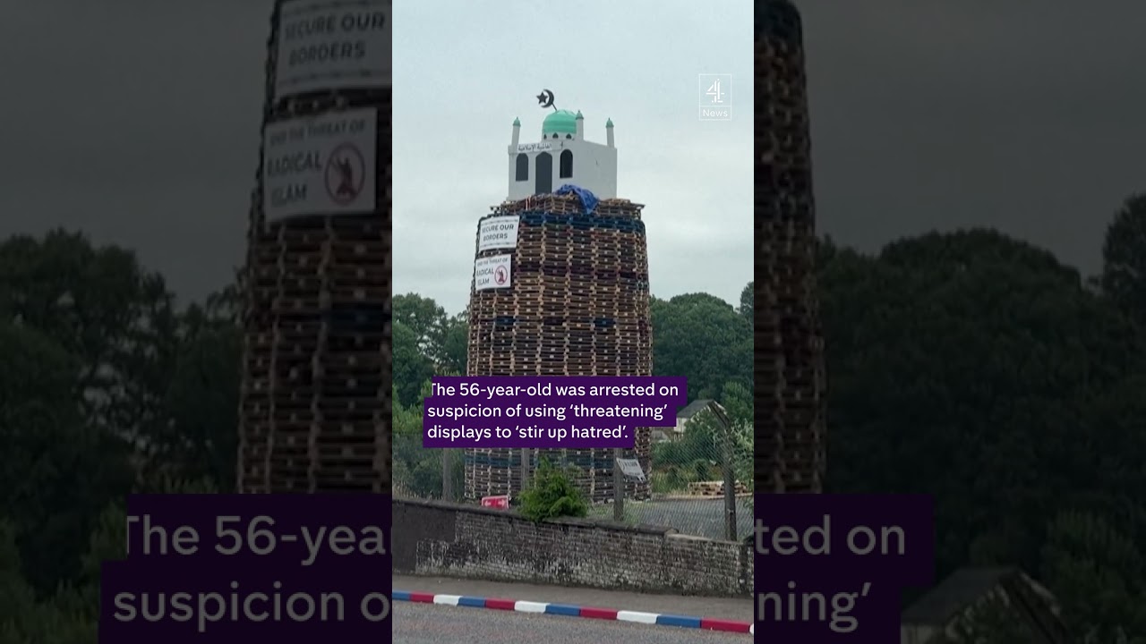 Man arrested after bonfire topped with mosque replica in Northern Ireland