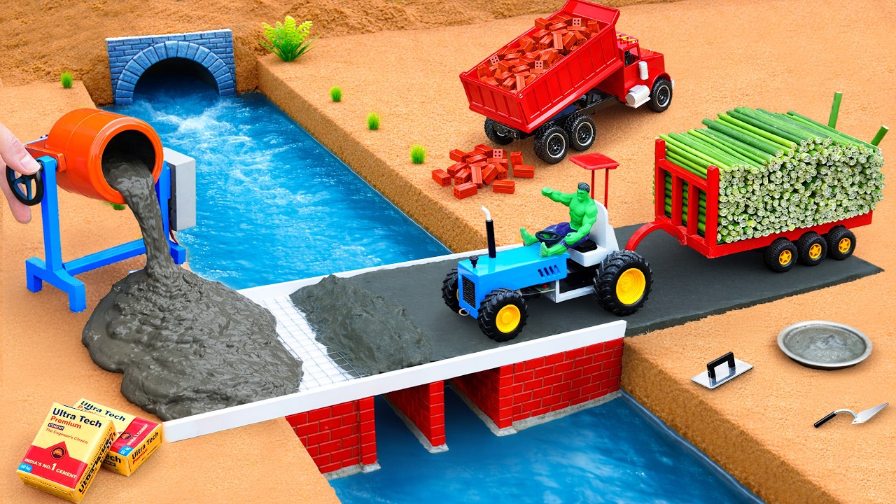 DIY Mini Tractor Builds Strong Concrete Bridge Over Water | Dump Truck & Cement Pouring