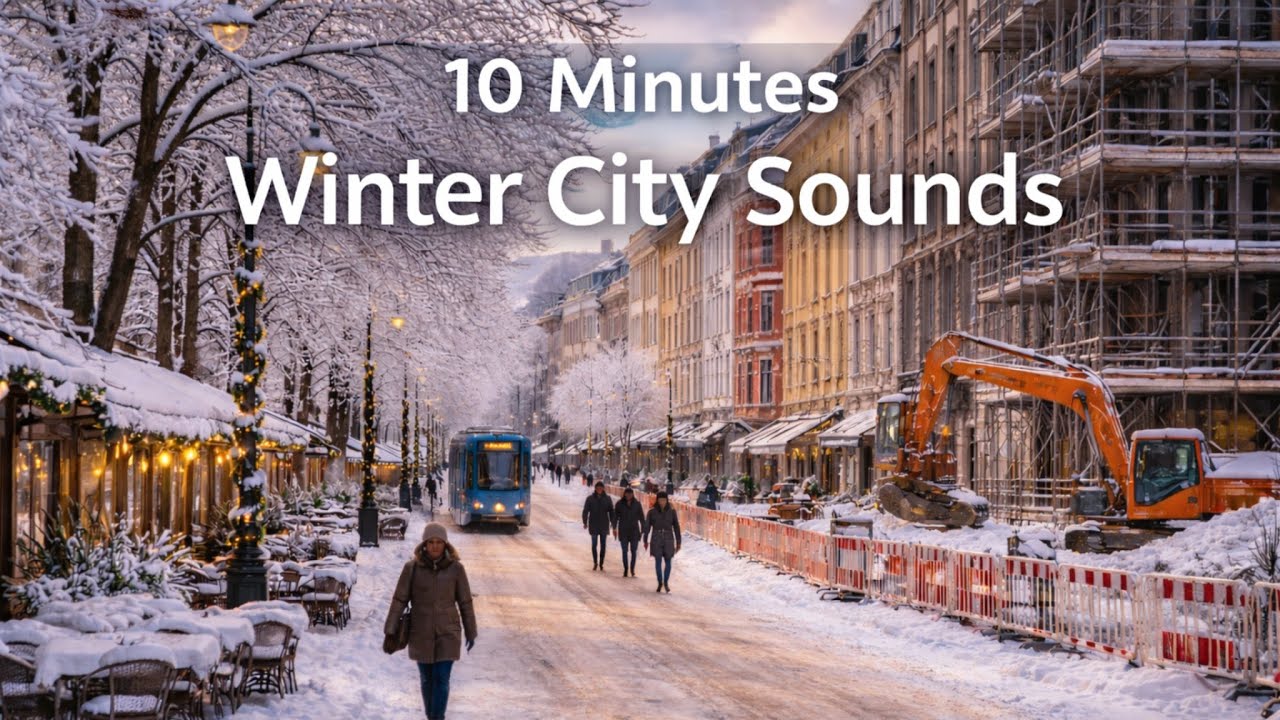 10 Minutes Winter City Sounds ❄️🚋 Snowy Urban Ambience with Distant Traffic & Construction