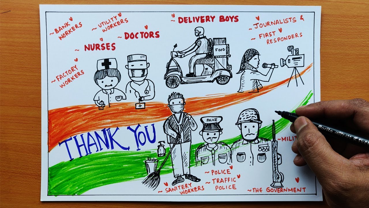 Easy Thanking drawing with word 'THANK YOU. Coronavirus Awareness Poster/ COVID-19 Poster Drawing.