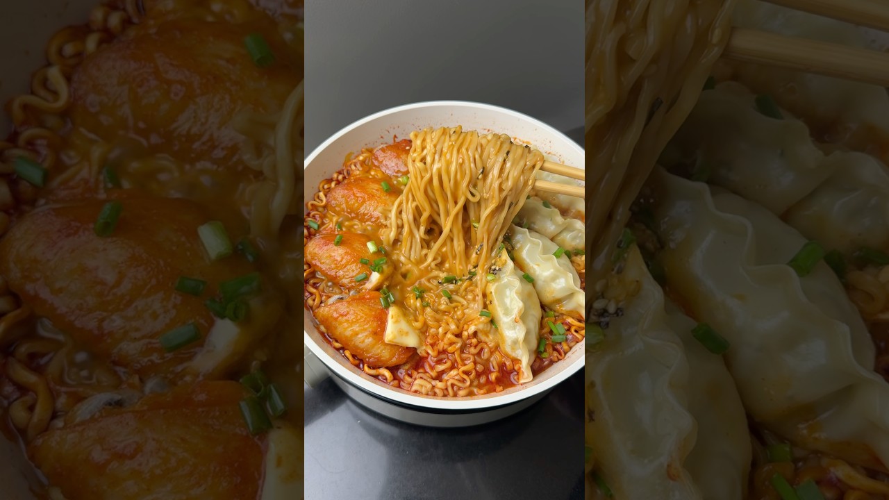 Samyang buldak 2x spicy ramen with dumplings, grilled chicken wings and cheese #shorts #food