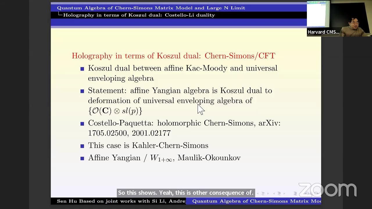 Sen Hu (SIMIS) - Quantum Algebra of Chern-Simons Matrix Model and Large N Limit @ Harvard 2/14/2024