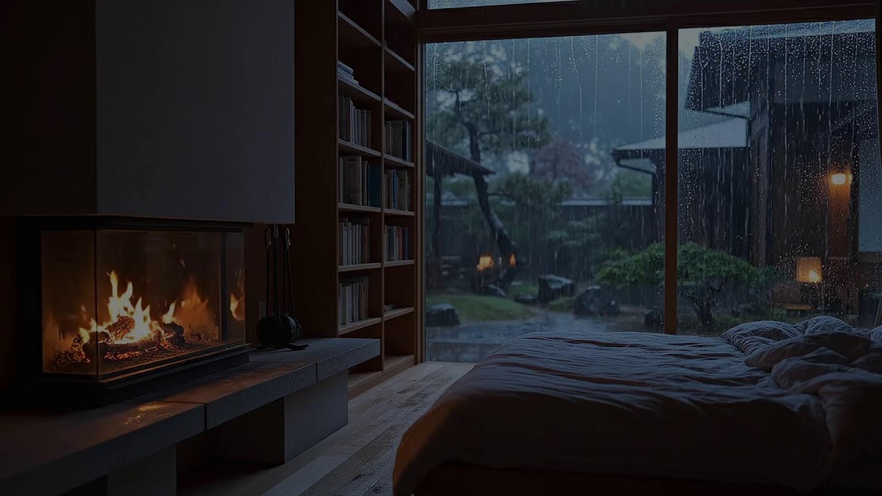 (NO ADS) LIVE Rainstorm & Soft Piano in a Cozy Bedroom 🌧️🔥 Fireplace Ambience for Deep Sleep