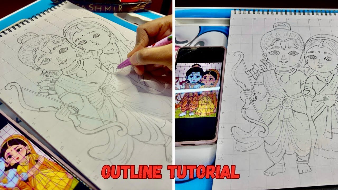 Shri Ram and Sita Mata drawing step by step.outline tutorial.