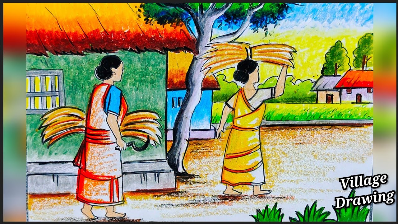Easy village drawing scenery/village drawing scenery/morning scenery/easy kids drawing