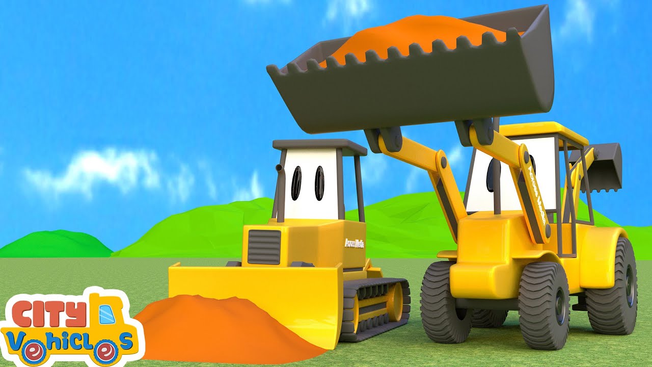 Construction vehicles clear the garbage in the river-Excavator,Bulldozer, crane truck for kids.