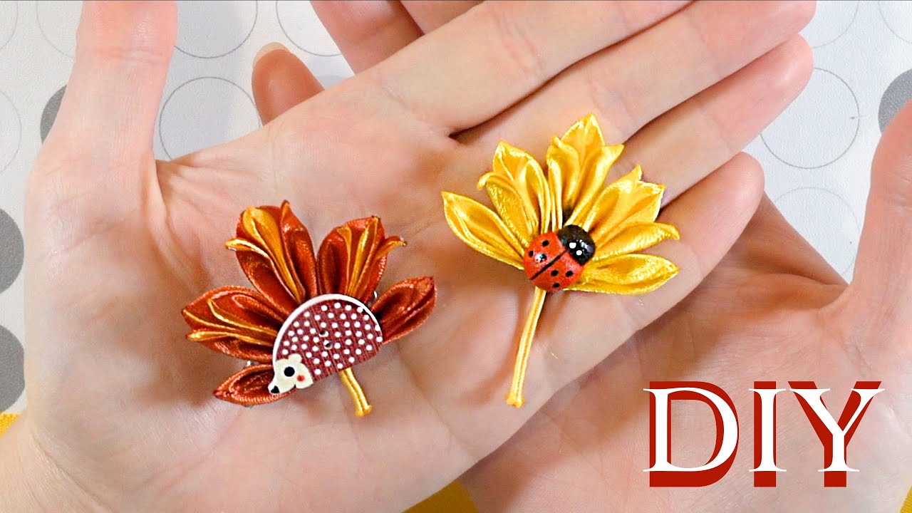 Осенний лист канзаши - цветы из атласных лент, заколка своими руками DIY