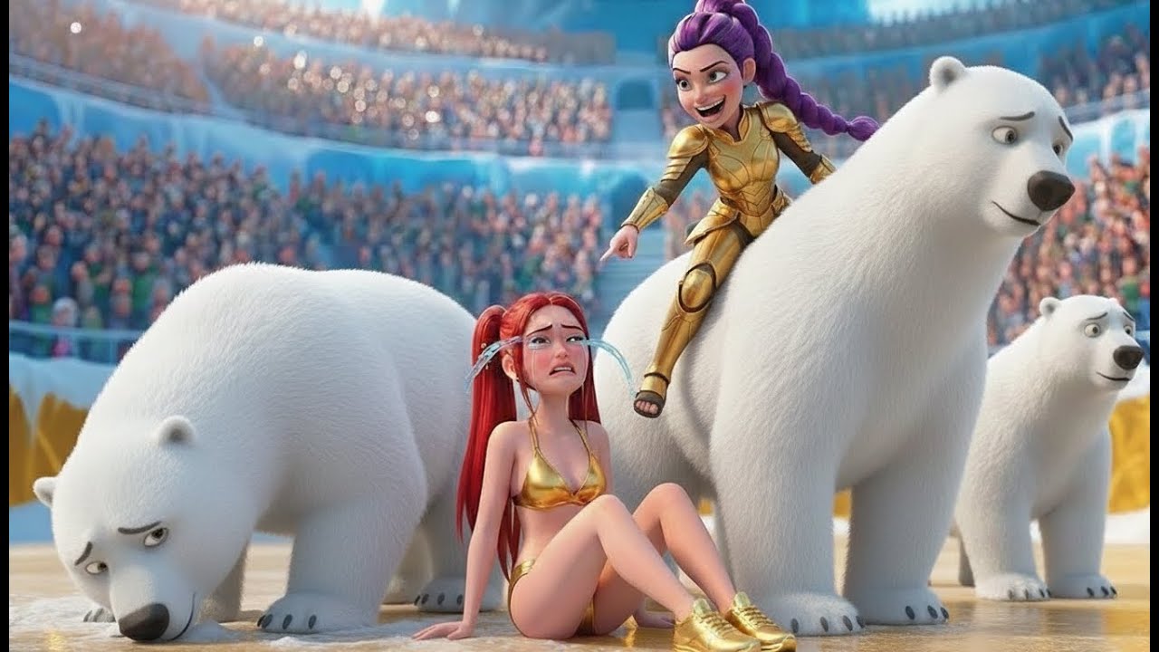 Rumi and Mira are competing with a polar bear.KPOP Demon Hunters
