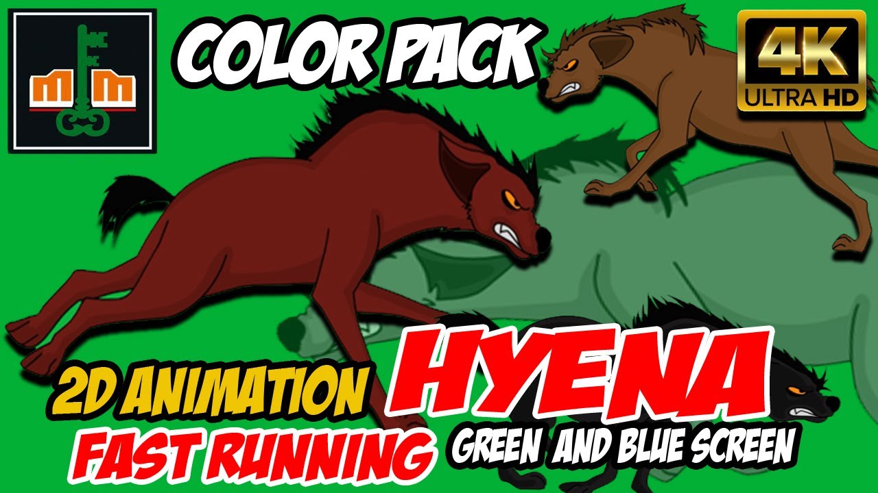2D ANIMATION RUNNING HYENA COLOR PACK GREEN AND BLUE SCREEN 4K