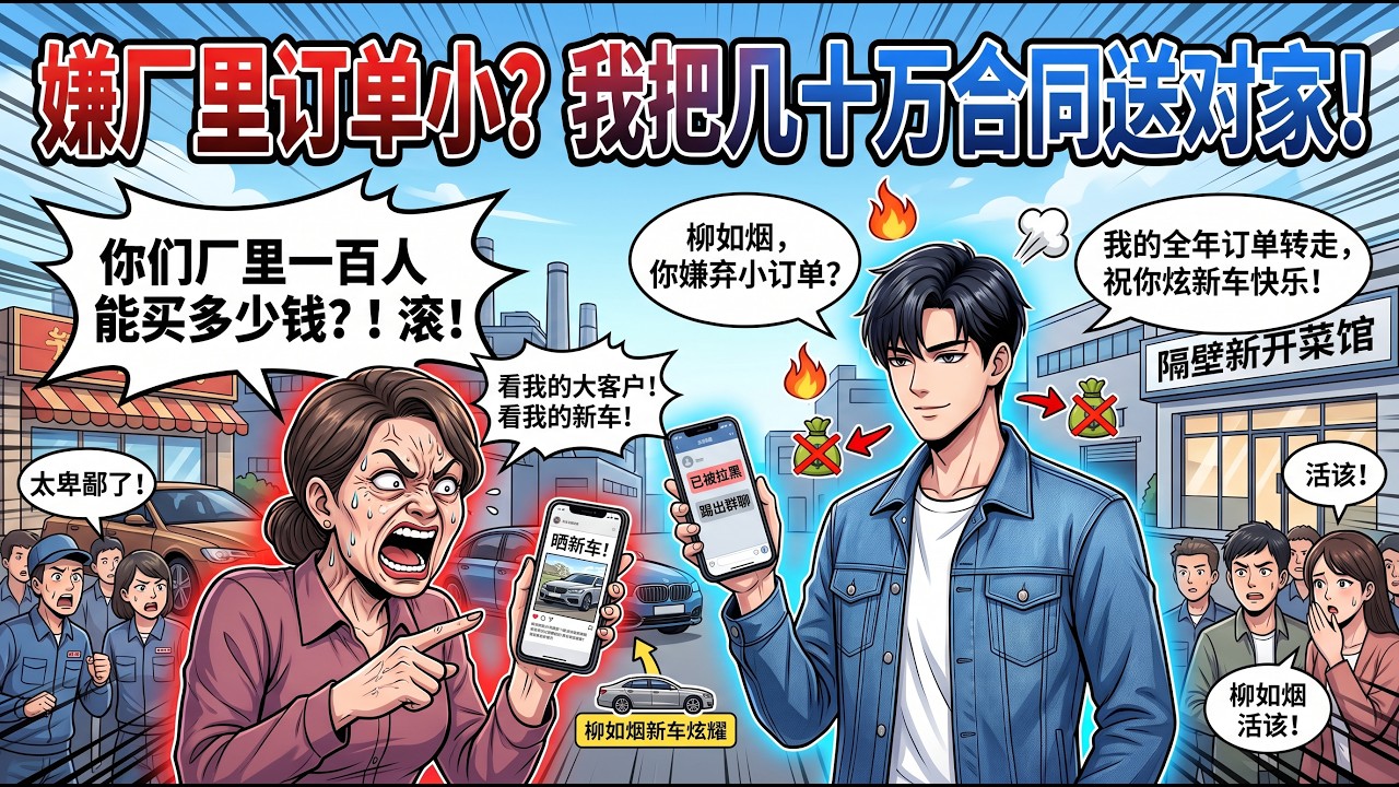 📢【漫剧爽文】餐館老闆把我踢出群，還說百人訂單是「小事」。我沒吵，把全年幾十萬訂單給了隔壁。三天後，她跪在廠門口求我原諒！#爽文#漫剧 #职场爽剧#一口气看完 #爽漫劇場