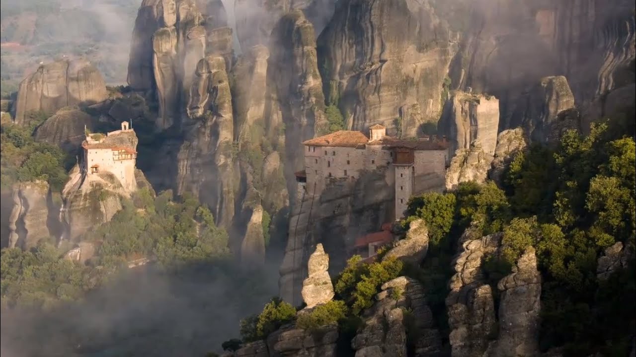 Meteora, Greece - suspended rocks with monasteries, relaxing music, HD