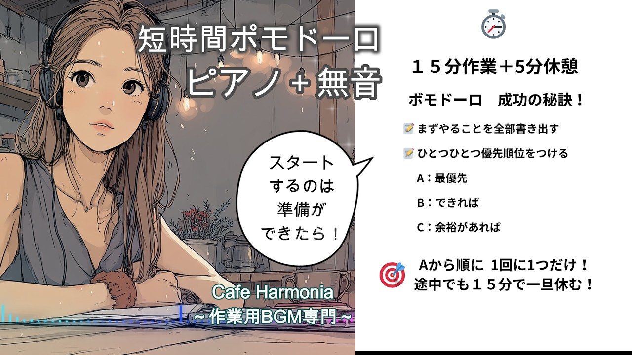 【15分集中】25分が長い人へ。集中力が続く最短ポモドーロタイマー『静かな夜カフェとローファイメロディ』｜作業用BGM｜ カフェ気分で効率UP｜勉強 集中 音楽｜