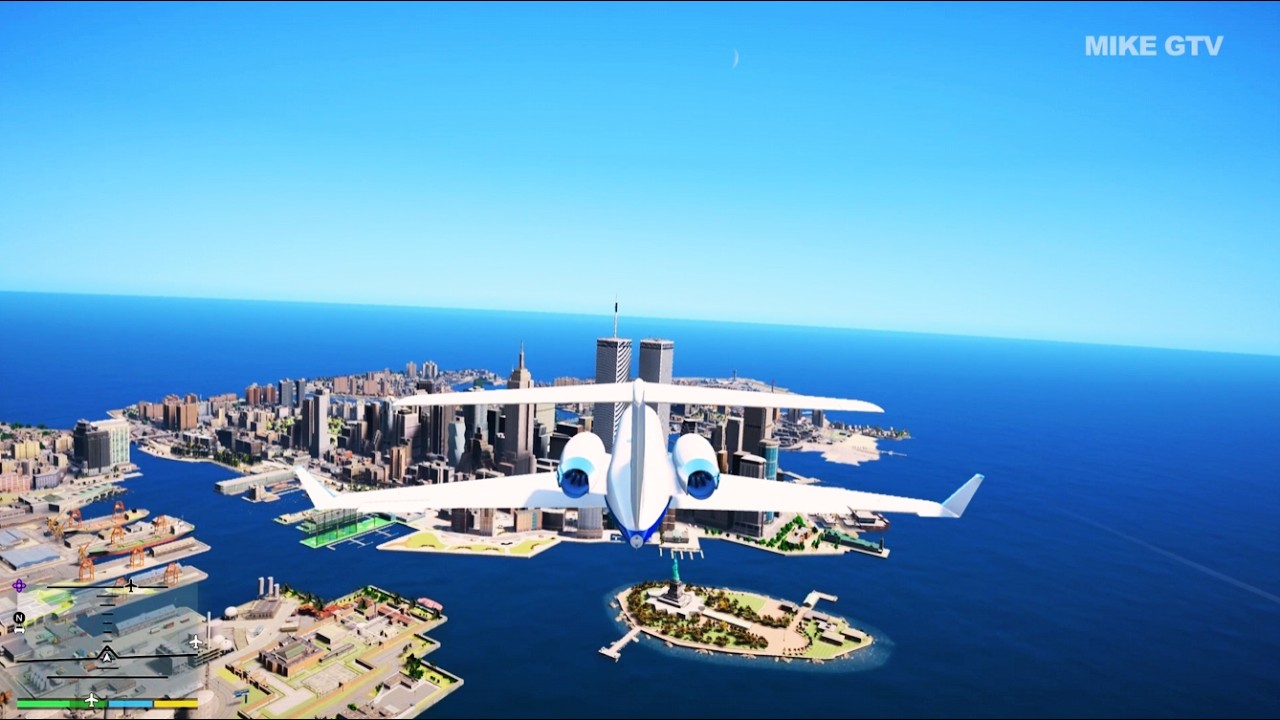 Liberty City in GTA V : Flying to Liberty City from SANDY S. Michael, Franklin & Trevor ✈️ (4K 60)