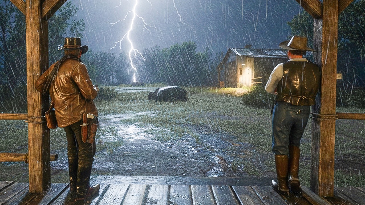 Watching a Relaxing night-time thunderstorm from a Porch | RDR2 ASMR Rain