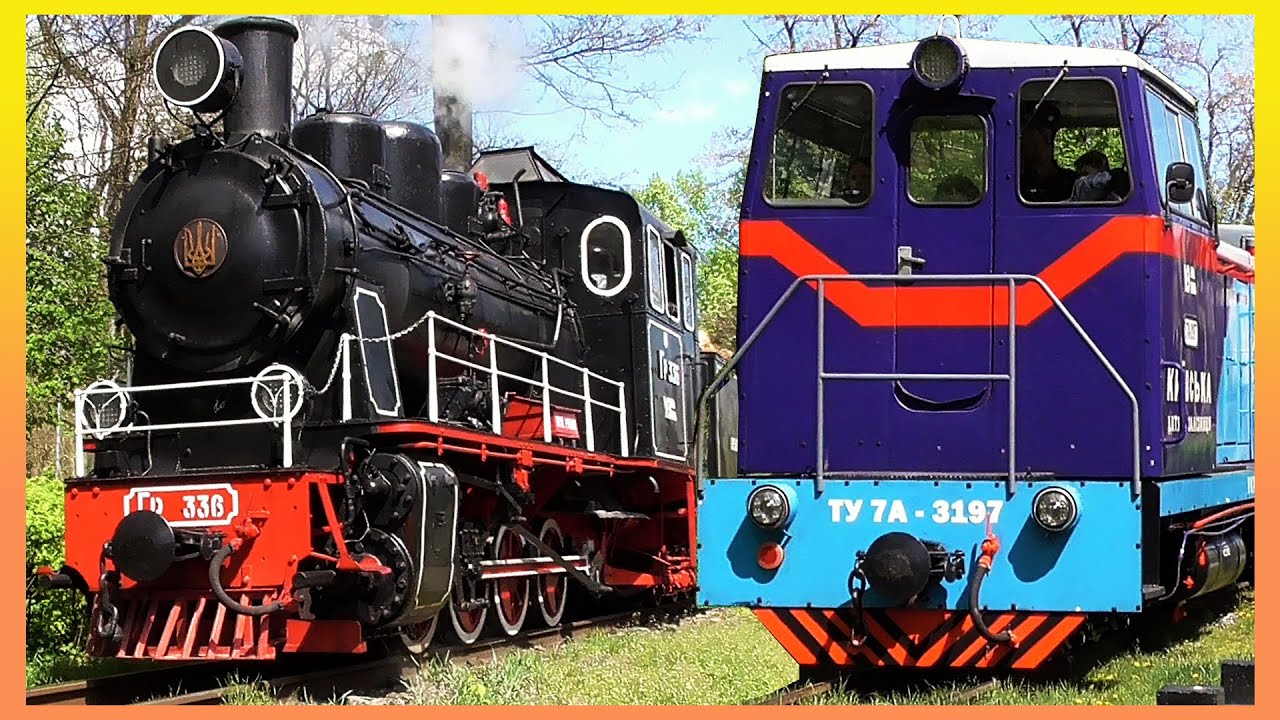 Steam locomotive and diesel locomotive with passenger trains on a narrow gauge railway!