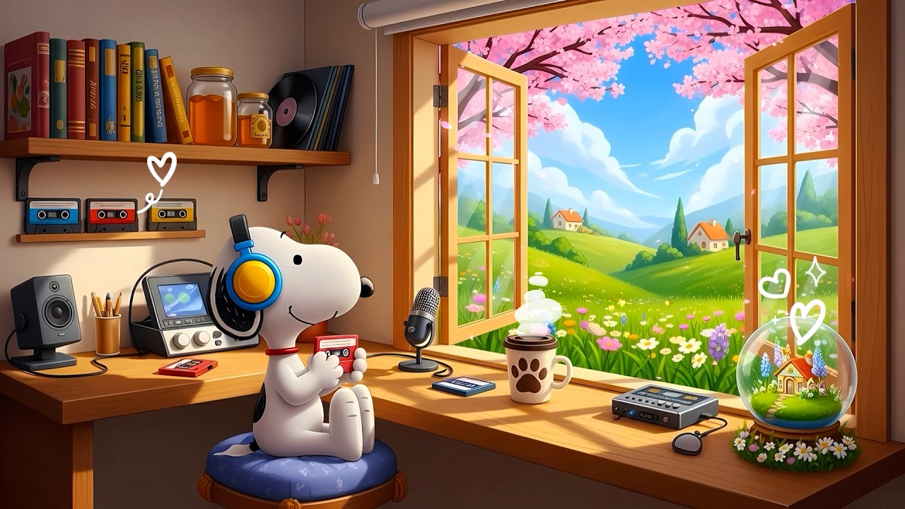 🌼 Snoopy’s Dreamy Spring Music Room 🌸Peaceful Lofi Morning Window View 🌿Gentle Lofi Beats to Calm