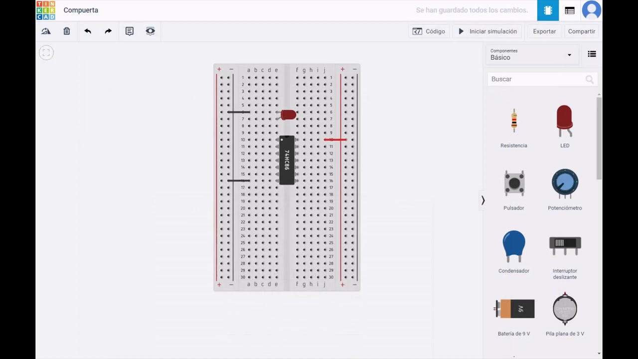 Prueba de una XOR 7486 en Tinkercad