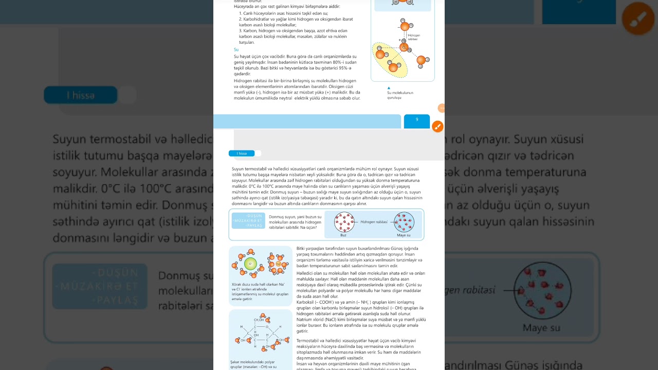 8-ci sinif biologiya yeni dərslik.Hüceyrənin kimyəvi tərkibi.Su
