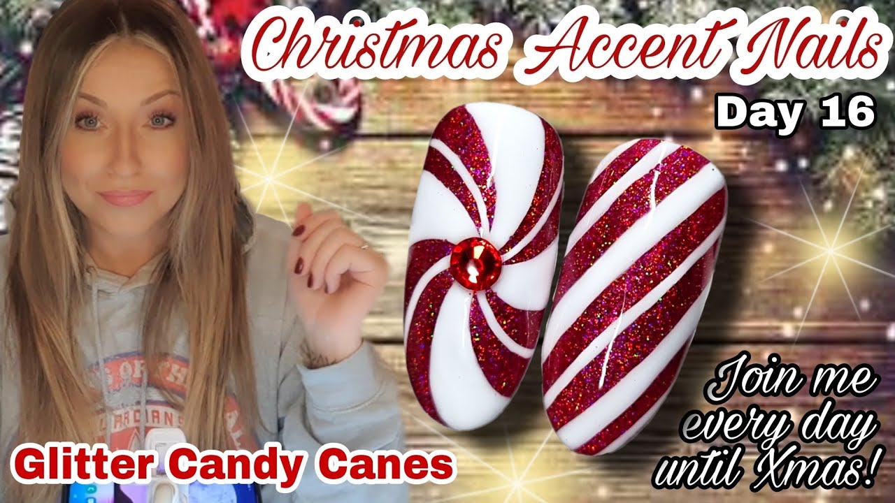 🍬 Glitter Candy Cane Nails | Christmas Accent Nail Designs | Madam Glam Advent Day 16 | Easy Stripes