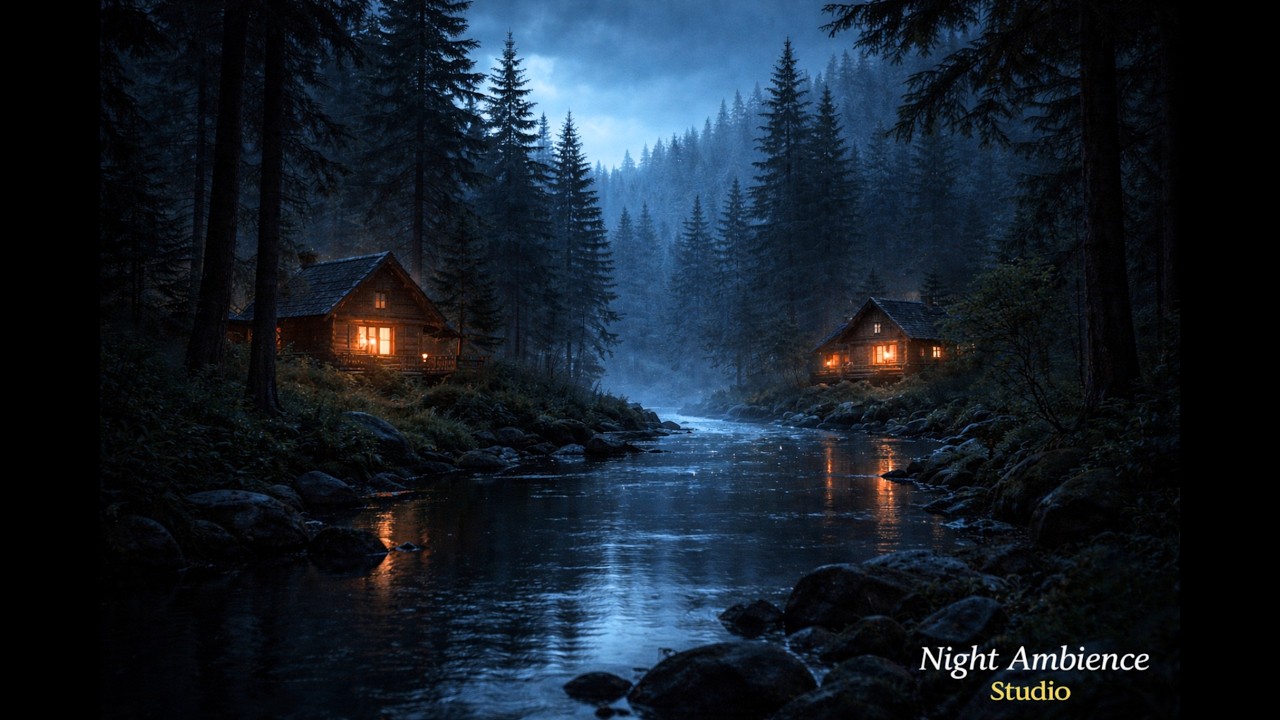 River Between Cozy Cabins at Night 🌙 Forest Ambience for Deep Sleep