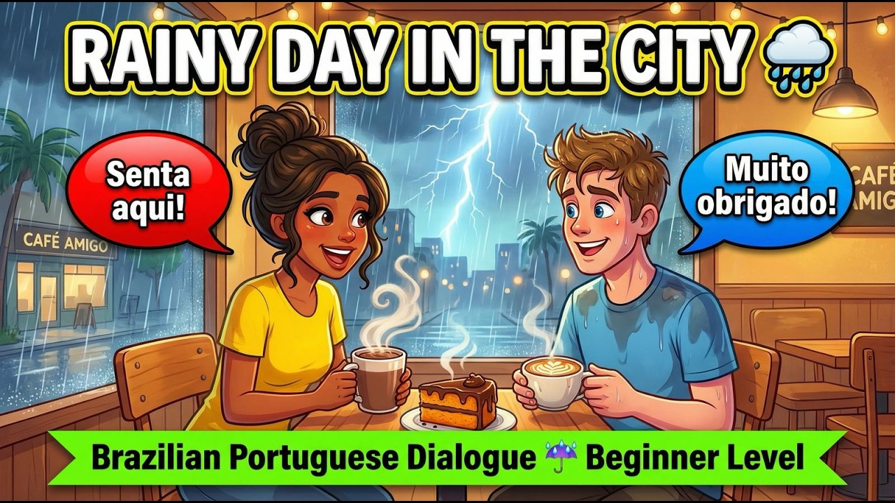 Brazilian Portuguese Dialogue ☔ | A Rainy Day in the City (Beginner Level)