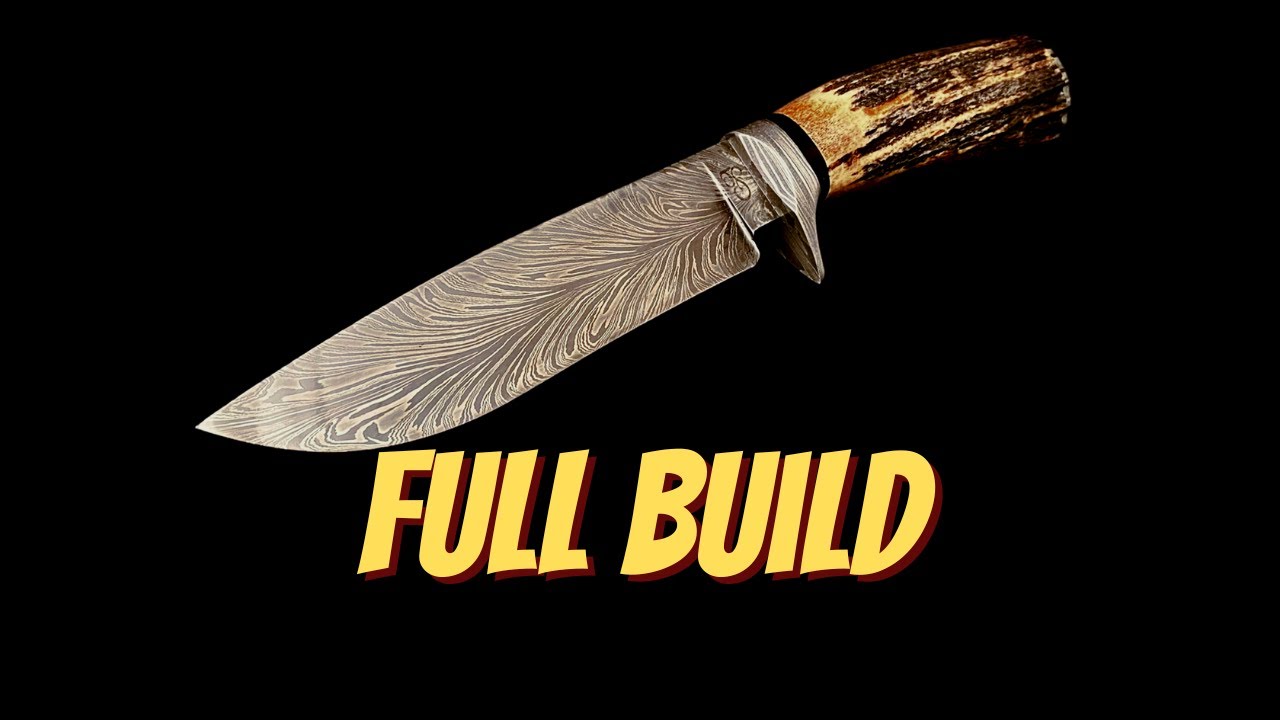 Making a stag handled feather damascus knife from making the billet to forging the blade.