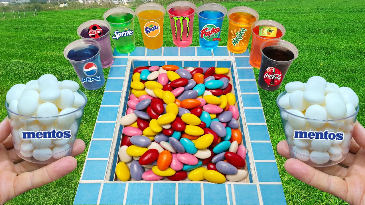 Experiment Colorful Sugar VS Coca Cola of Fanta Popular Sodas! Sprite Pepsi And Mentos İn The Pool