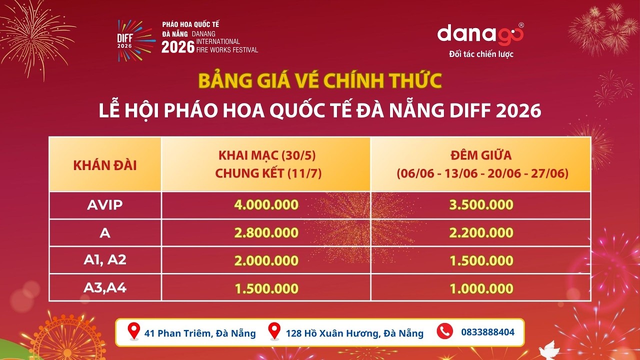 BẢNG GIÁ VÉ PHÁO HOA ĐÀ NẴNG 2026 | CHI TIẾT TỪNG KHÁN ĐÀI DIFF