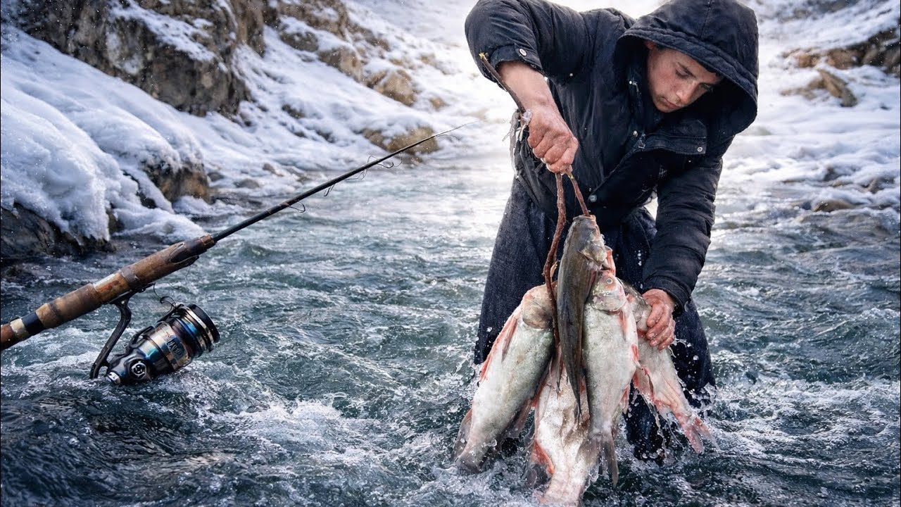 Fishing & Cooking Fresh Fish in Freezing Snow ❄️🔥