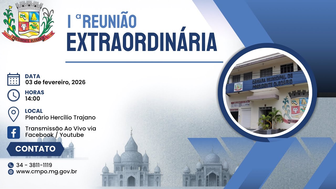1ª Reunião Extraordinária de 2026 da Câmara Municipal de Presidente Olegário - MG