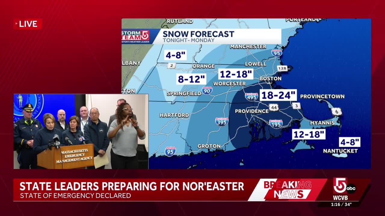 Mass. Gov. Healey declares state of emergency in preparation for massive nor'easter