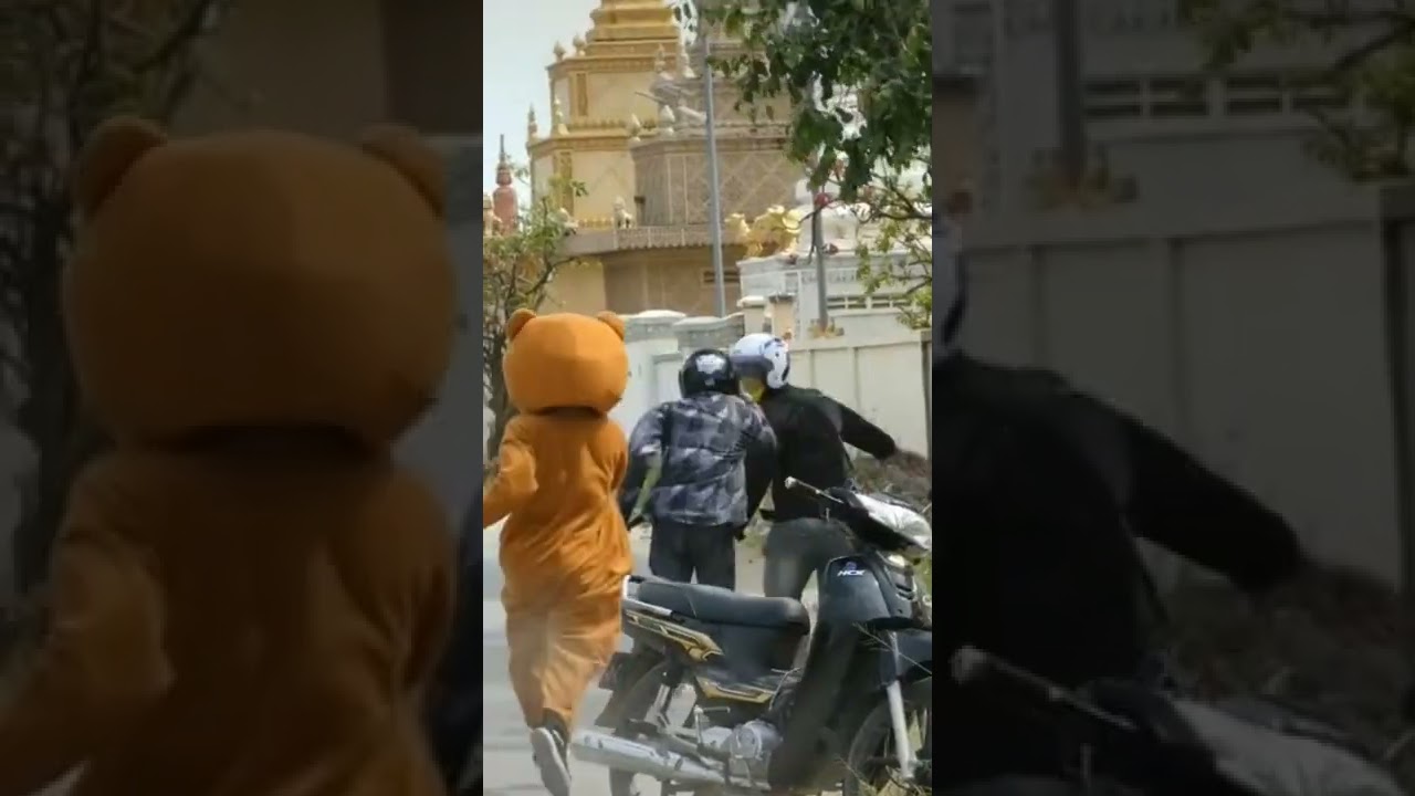 😀this guy wear teddy bear costume to prank his friends 😂 than he got his fight back 😂😂